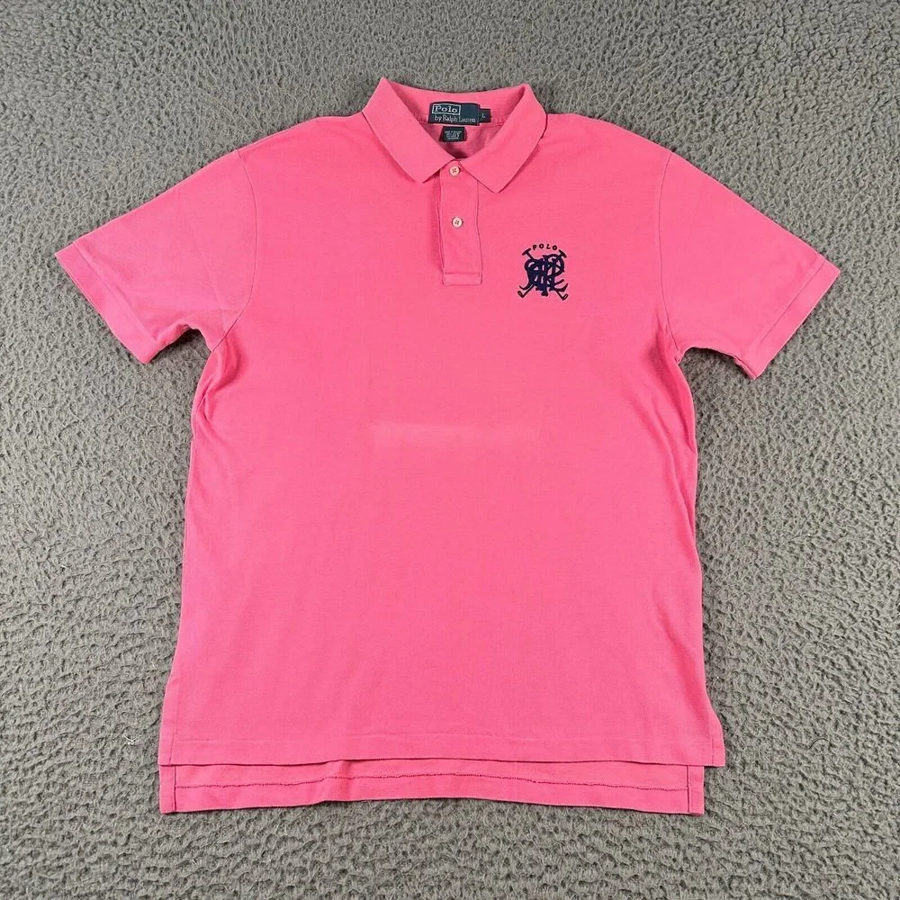 Polo Ralph Lauren Shirt Men's Large Pink Big Logo Golf Polo Short Sleeve Flaw